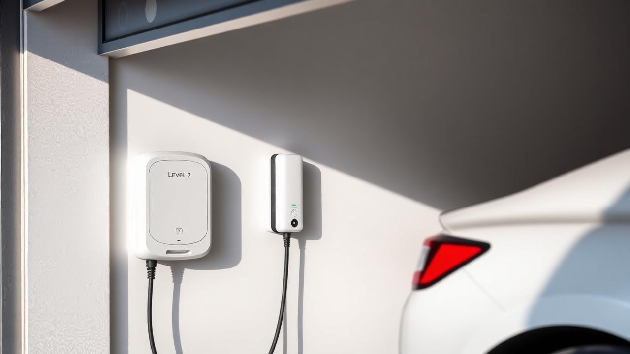 Hardwired Level 2 EV charger mounted on a garage wall next to an electric vehicle